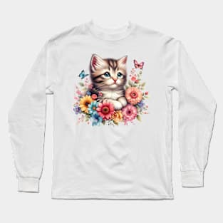 A cat decorated with beautiful colorful flowers. Long Sleeve T-Shirt